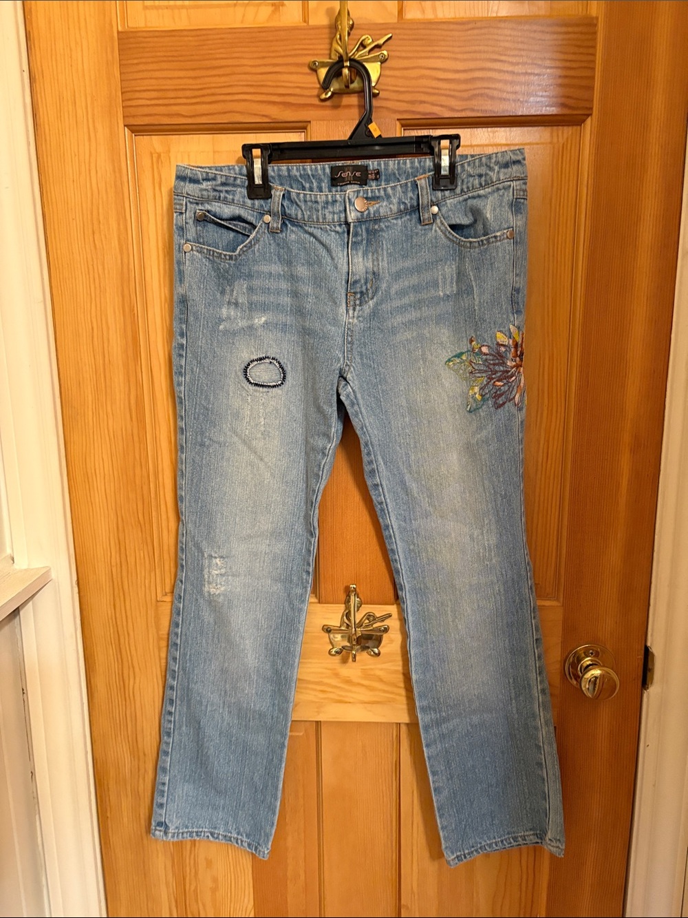Spense Light Blue Straight Leg Jeans with Floral Embroidery